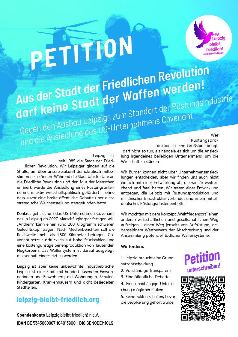 Petition in Zeichnung: Aus der Stadt der Friedlichen Revolution darf keine Stadt der Waffen werden!